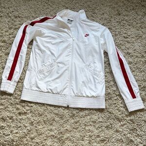 Nike Sportswear Retro White Red Stripe Arms Full Zip Athletic Jacket Women’s Lar